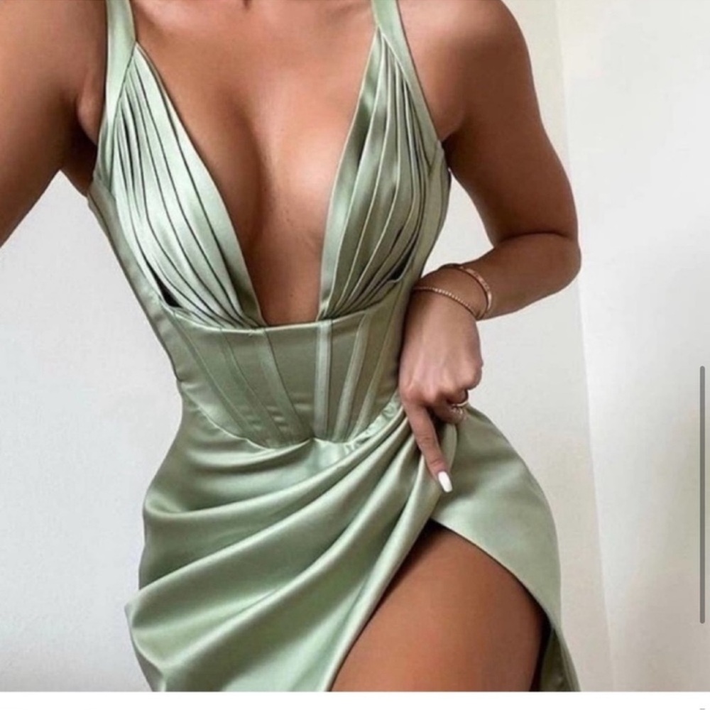 House Of CB Satin Plunge Neck Slip Dress in Sage Green